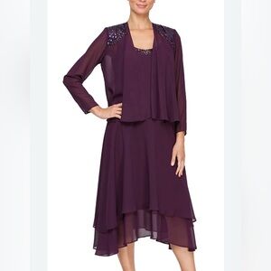 SLNY Deep Plum Scoop Back Tiered Dress with Beaded Shoulder Jacket NWOt Size 16